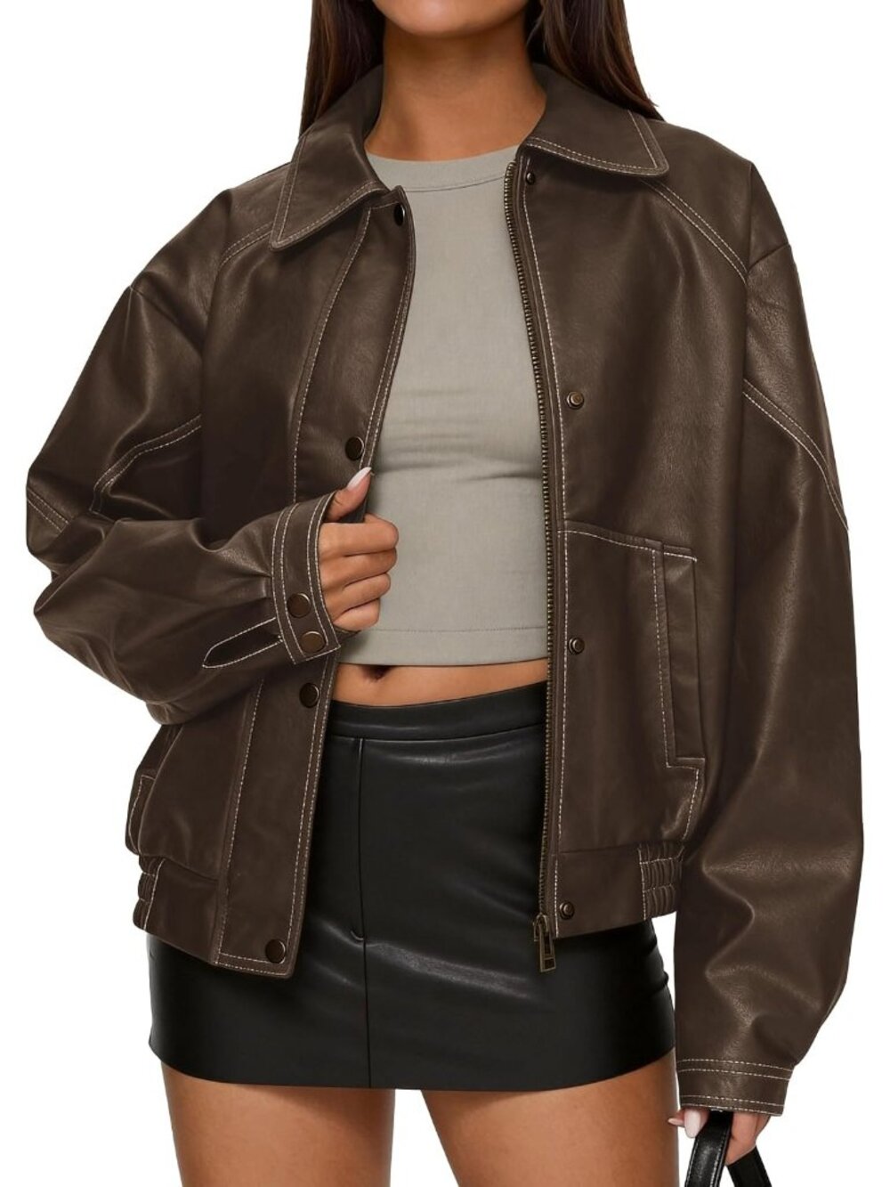 Women's Chocolate Leather Bomber Fall Trendy Jacket Faux Oversized Zip Up Coat